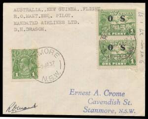 1937&nbsp;(Jan 10) Sydney-Salamaua #P110b Crome cover carried on Mandated Airlines DH84 Dragon&nbsp;return flight signed&nbsp;pilot "RO Mant"&nbsp;with Australia KGV 1d green tied 'ENMORE/9JA37/NSW' d/s alongside Huts 1d 'OS' overprint x2 tied 'BRISBANE/1/121JA37/QUEENSLAND'