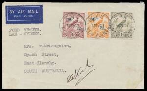 1937&nbsp;(Feb 16) Lae-Sydney #P110bb Guinea Airways cover with Undated Birds &frac12;d, 1&frac12;d & 1/-&nbsp;'AIR MAIL' overprints tied 'LAE/NEW GUINEA' d/s endorsed "FORD VH-UTB" & signed pilot&nbsp;AA Koch&nbsp;on face with 'AIR MAIL/1/22FE37/SYDNEY NSW' arrival b/s, couple of minor b