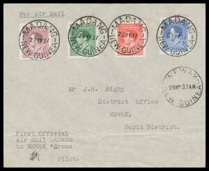 1937&nbsp;(May 28) Madang-Wewak #P111 cover endorsed "First Official Air Mail MADANG to WEWAK 'drome" initialled "LR" by pilot Les Ross of Guinea Airways with KGVI Coronation set tied 'MADANG/NEW GUINEA' d/s and 'WEWAK/29MY37NEW GUINEA' arrival d/s alongside, 
