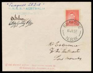 1937 (July 26) HMAS Australia-Port Moresby Catapult Flight #P115 Crome cover with green 'HMAS "AUSTRALIA"' cachet and Australia KGVI 2d tied 'ENMORE/16JY37/NSW' d/s carried by Seagull SE2-5 amphibian catapulted off the ship signed by pilot "W Gibson"