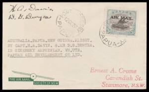 1937 (Sept 22) Sydney-Port Moresby #P116a Crome cover flown by Papua Oil Development Co Ltd Sikorsky amphibian VH-UZE with Lakatois 3d 'AIR MAIL' overprint tied 'PORT MORESBY/12OC37/PAPUA' d/s on arrival plus similar Sydney-Lae #P116c