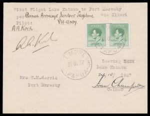 1937 (Oct 11) Port Moresby-Lake Kutubu #P117 cover carried by Guinea Airways Junkers W34 seaplane with KGVI Coronation 2d tied 'PORT MORESBY/PAPUA' d/s plus return flight Lake Kutubu-Port Moresby #P121 with KGVI Coronation 1d x2 tied 'PORT MORESBY/31OC37/