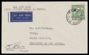 1937 (Nov 25) Wewak-Tring #P120 Woodman cover with 'Per PARER'S AIR TRANSPORT CO' cachet (previously Wewak Air Transport) on back and Undated Birds 2&frac12;d 'AIR MAIL' overprint tied 'WEWAK/23NO37/NEW GUINEA' d/s signed K Parer on face plus return flight Tring