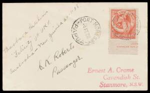 1938 (Jan 20) Sydney-Cape York-Port Moresby #P124 Crome cover endorsed "Australia-New Guinea 26.1.38 'Felicity' UH-UKV" signed pilot Barbara Hitchins & CK Roberts Passenger with Pictorials 2d tied 'PORT MORESBY/4FE38/PAPUA' d/s on arrival plus Sydney-Cape