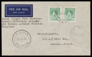 1938 (June 29) Port Moresby-Losuia-Port Moresby #P136a cover carried by Ken Garden in Guinea Airways Stinson 'Reliant' seaplane VH-ABJ with Pictorials 1d x4 tied 'PORT MORESBY/28JE38/PAPUA' d/s, 'LOSUIA/29JE38/PAPUA' arrival d/s on face and Port Moresby n