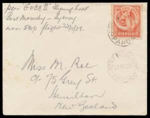 1938&nbsp;(Nov 22) Port Moresby-Melbourne #P140a cover carried by Russell Rogers in the Archbold Expedition PBY5 Catalina Flying Boat NC777 'Guba II' with Pictorials 2d tied 'PORT MORESBY/21NO38/PAPUA' d/s, minor blemishes, Cat $1750. The newly-fitted automati