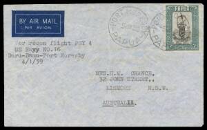 1939 (Jan 4) Daru-Bamu-Port Moresby-Sydney cover endorsed "Per recon flight PBY4 US Navy No.16" from L Luff, Daru trader return address carried privately by Catalina Flying Boat with Pictorials 5d (minor faults) tied 'PORT MORESBY/5JA39/PAPUA' d/s and 'PO