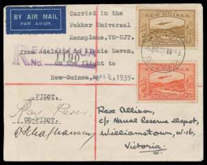 1939 (April 21) Adelaide-Wau #P145a cover endorsed "Carried in the Fokker Universal Monoplane VH-UJT from Adelaide to Melbourne on the flight to New Guinea" signed pilots "Ray Parer" & "W Schafhausen"