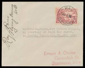 1939 (July 31) Melbourne-Wau #P147 Crome cover carried on the delivery flight of a Boeing Transport 40B signed pilot Ray Parer on face with Huts 2d tied 'WAU/2AUG39/NEWGUINEA' d/s on arrival plus Melbourne-Port Moresby#P148 similar cover carried on same f