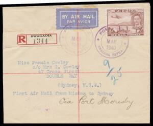 1940&nbsp;(March 2) Bwagaoia-Port Moresby #P151 registered cover endorsed "First Air Mail from Misima to Sydney via Port Moresby" with KGVI Airmails 8d tied 'POST OFFICE/BWAGAOIA PAPUA' rubber d/s in violet (Lee #87; rated E) & red/black R label alongside and 