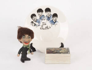 BEATLES: Porcelain saucer by Hanley with portraits and facsimile autographs of the "Fab Four"; Ringo Starr doll by Nemco c1964; (2) x black & white photographs of the Beatles arriving in Australia (with QANTAS ink stamp on the reverse); Tokyo Olympic 1964