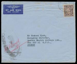 1943 (Jan 6) Port Moresby-Sydney cover to Hudson Fysh & enclosed QANTAS Empire Airways letter from Port Moresby RAAF Station Superintendent "carried by the first QEA Lodestar acting as Courier Plane" with KGVI 3d tied 'AFPO/No7[4]' and oval 'RAAF CENSOR/1