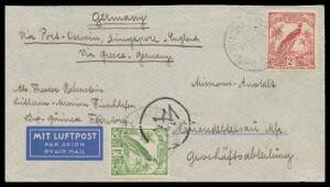 Commercial Airmails noted 1936 Bulolo Gold Dredging Co envelope with 'PER MANDATED AIRLINES' cachet, four to Germany including 1938 with Birds 1d & 2/- and with Birds 'AIR MAIL/ overprints 1d & 1/- x4 both with Greek currency control markings plus another