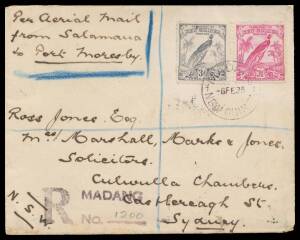 1935 (Feb 6) registered cover to Australia endorsed "Per Aerial Mail from Salamaua to Port Moresby" with Undated Birds 3d & 3&frac12;d tied 'MADANG/NEW GUINEA' d/s and 'R/MADANG' cachet paying 2d letter rate, 3d registration fee plus 1&frac12;d internal airmail surchar