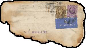 1936 (Sept 29) 'Athena' salvaged mail part-cover to FH Everall Esq, Wau, New Guinea with Great Britian KGV 3d & 1/- tied 'WOLVERHAMPTON STAFFS/19SP/36' d/s badly damaged when the Imperial Airways Armstrong Whitworth airliner caught fire at Dehli, India pl