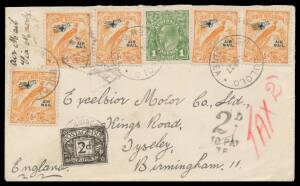 1937 (April 14) cover to Exclesior Motor Co Ltd, England endorsed "Air Mail Via Moresby" with Undated Birds &frac12;d 'AIR MAIL' overprints x5 plus Australia KGV 1d green all tied 'BULOLO/NEW GUINEA' d/s to pay 2d Empire letter rate plus 1&frac12;d surcharge for intern