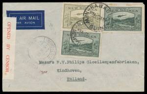 1939 (Sept 9) cover airmail to NV Philips Gloeilampenfabrieken, Holland with Bulolo 1/- & 5d x2 tied 'RABAUL/NEW GUINEA' d/s paying 1/10d 'all-the-way' rate for Carpenter Airlines service to Australia with 'TOWNSVILLE/17SE39/QLD-AUST' b/s & faint but scar