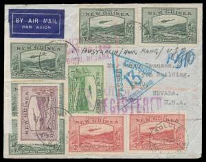 1940 (May 10) registered cover to USA with Bulolo 1d, 5d x5, 9d & 2/- x2 tied 'BULOLO/NEW GUINEA' d/s & 'R/BULOLO' cachet paying 6/8d airmail plus 3d registration, red 'OPENED BY CENSOR' tape affixed partly over 'SALAMAUA...' transit, carried by Carpenter