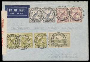 1940 (Dec 18) cover sent to USA endorsed "Via Clipper Sydney-Auckland-San Francisco" with Undated Birds 3d x2, 4d x3 & 9d x2 and Bulolo 1/- tied 'MADANG/NEW GUINEA' paying 4/- per &frac12;oz airmail rate for carriage by Carpenter Airways to Sydney, TEAL to Auckl