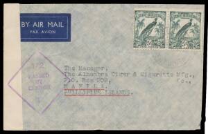 1941 (July) Bulolo Gold Dredging Ltd cover to Philippines with Undated Birds 5d x2 tied 'BULOLO/NEW GUINEA' d/s paying 10d rate for domestic & Australia-Singapore airmail service only, carried by Carpenter Airlines to Townsville where censor label & '1/2 
