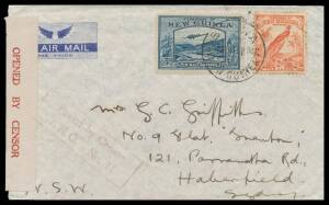 1941 (Oct 10) airmail cover to Australia with Undated Birds 2d & Bulolo 3d tied scarce 'BULWA/NEW GUINEA' cds and 'SALAMAUA/11OCT41/NEW GUINEA' transit b/s where 'OPENED BY CENSOR' maroon on dark grey tape & boxed 'Passed by Censor/TNG No11' cachet applie