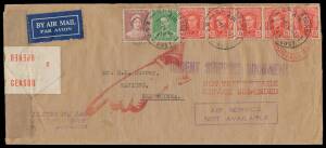 1942 (Jan 21) Galbraiths 'URGENT SHIPPING DOCUMENTS' cover airmail from Australia with QE 1d, KGVI 1&frac12;d & 2&frac12;d x 5 tied 'GPO SYDNEY/AIR/NSW-AUST' d/s to Kavieng censored with Sydney tape & cachet but undeliverable and boxed 'AIR SERVICE/NOT AVAILABLE' in vi