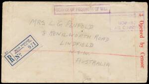 1942 (May) POW cover dropped by parachute by Japanese aircraft over Port Moresby RAAF base flown to Melbourne where 'SERVICE OF PRISONERS OF WAR' cachet & 'BULK POSTAGE/Melbourne C1 Vic' blue R label applied on face, censored & forwarded unfranked with 'R