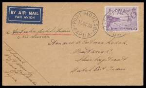 938 (Oct 15) cover airmail to Eastman Kodak, Dutch East Indies with single franking Jubilee 1/- tied 'PORT MORESBY/PAPUA' d/s paying combined rate for Carpenter Airlines service to Australia with 'TOWNSVILLE/15OCT/1938/QLD' machine b/s and QANTAS Sydney-S