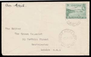 1939&nbsp;(July 15) cover sent airmail to&nbsp;Editor, The Crown Colonist, England with single franking Jubilee 5d tied 'PORT MORESBY/PAPUA' d/s paying&nbsp;Empire Airmail Scheme&nbsp;rate only, carried by Carpenter Airways to Australia with 'TOWNSVILLE/16JUL/1939/QLD' machi