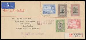 1940 (Sept 14) registered cover to USA with Pictorials 2/6d, 1/3d & 1d and KGVI Airmails 2d & 3d tied 'PORT MORESBY/PAPUA' d/s paying 4/- airmail plus 3d registration, red/black R label & violet 'PASSED BY CENSOR/TBP', carried by Carpenter Airlines servic