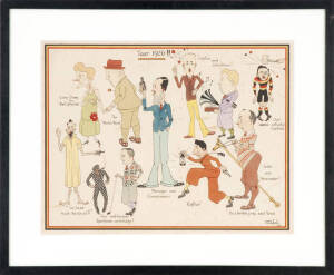 F.W.Roberts. 1926-7 Cartoon drawings in colour of the "Birmingham Rugby Union Football Club". 33 x 24cm. Window mounted, framed & glazed. VG condition