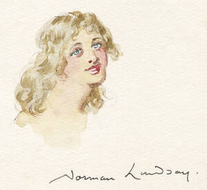 NORMAN LINDSAY: "Norman Lindsay Water Colour Book" by Godfrey Blunden [The Springwood Press, Sydney 1939] limited edition 1850 copies of which 1820 were for sale. NOTE: Norman Lindsay original water colour painting portrait of a woman on the endpaper with