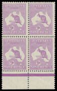Kangaroos - Small Multi Wmk - 9d violet (SG.108) marginal block of 4 from the base of the sheet, the third unit with a very minor gum bend, unmounted, Cat $1000+.