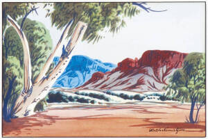 KEITH NAMATJIRA (1938-77): "Ghost gum and ranges Central Australia", watercolour on board, signed lower right, 25x16cms. With Battarbee Tmara-mara Galleries and Purchase Authorization 27/9/1963 h/stamps on reverse. Superb with window mount.