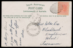 Postmarks (Western Australia) - Greenbushes Timber Mills: 10-bar dumb obliterator - not recorded in PMI - and very fine 'TIMBER MILLS GREENBUSHES/17DE1908/WESTERN AUSTRALIA' cds on PPC to Tasmania with 'BLACK-BRUSH/TAS' arrival cds. PO 1.5.1907; closed 30