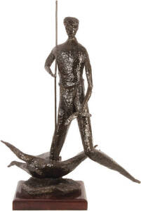 LEIGH ARCHER: Hollow cast bronze sculpture of a standing Aboriginal hunter figure with kangaroo. Impressive post-war retro style, mounted on wooden plinth base. 94cm, Excellent condition