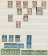 VICTORIA - Stockbook of mostly Classics with a page of Half-Lengths, Queen-on-Throne 2d x10, 1d strips of 4 x2 & 6d strip of 3, Emblems including 4d proof strip of 4 & Star Wmk 4d strip of 6 (faults but possibly the largest recorded multiple), Beaded Oval - 2