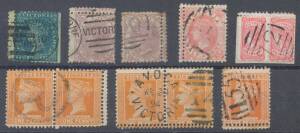 VICTORIA - Double Perforations selection including Woodblocks 2/- blue/green, DLR 2d x2, Bell &frac12;d pair, Naish &frac12;d, later 9d green x2 (one on registered piece), 'POSTAGE' 1&frac12;d, 1d perf 'OS' mint block of 4, etc, a few minor faults. Scarce lot. (21 items)