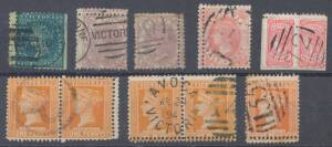 VICTORIA - Double Perforations selection including Woodblocks 2/- blue/green, DLR 2d x2, Bell ½d pair, Naish ½d, later 9d green x2 (one on registered piece), 'POSTAGE' 1½d, 1d perf 'OS' mint block of 4, etc, a few minor faults. Scarce lot. (21 items)