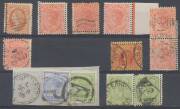 VICTORIA - Double Perforations selection including Woodblocks 2/- blue/green, DLR 2d x2, Bell &frac12;d pair, Naish &frac12;d, later 9d green x2 (one on registered piece), 'POSTAGE' 1&frac12;d, 1d perf 'OS' mint block of 4, etc, a few minor faults. Scarce lot. (21 items) - 2