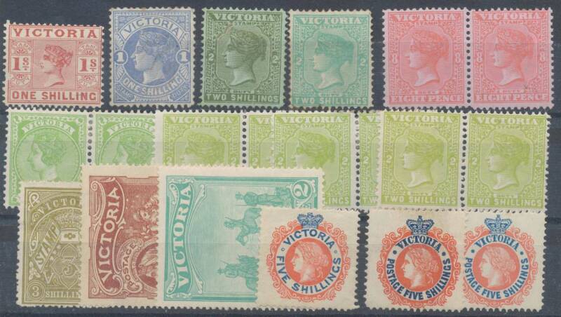 VICTORIA - Packet of mint singles & pairs including Naish 8d pair, 1/-, 2/- olive, 2/- blue-green, 2/- apple-green pairs x3, Large Stamp Duty 3/- drab, 9d green pair, 1897 & 1900 Charities, No 'POSTAGE' 9d x6, 2/- x5 & 5/-, 'POSTAGE' to 5/- x2, etc, large