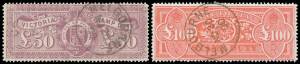 VICTORIA - CANCELLED TO ORDER: 1884-96 Large Stamp Duty 2/6d to &pound;100 between SG 260 & 292a missing only the &pound;5, large-part o.g., Cat &pound;3300+. Rarely offered as a "set". [The Gibbons prices for all values in this series are for CTO stamps. Postally used exa