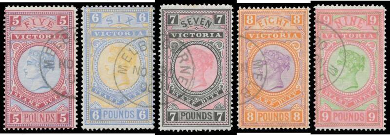 VICTORIA - CANCELLED TO ORDER: 1886-96 Fergusson & Mitchell £5 to £9 SG 324-8, large-part o.g., Cat £1160. [The Gibbons prices are for CTO stamps. No postally used example of any denomination has been recorded]