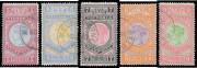 VICTORIA - CANCELLED TO ORDER: 1886-96 Fergusson & Mitchell &pound;5 to &pound;9 SG 324-8, large-part o.g., Cat &pound;1160. [The Gibbons prices are for CTO stamps. No postally used example of any denomination has been recorded]