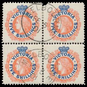 VICTORIA - CANCELLED TO ORDER: 1901 No 'POSTAGE' blocks of 4 comprising 3d 6d 9d 1/- 2/- (lower units mounted) & 5/- (the second unit with corner fault), plus 1901-10 V/Crown 1d & 5d blocks of 4, large-part o.g. the lower units being unmounted & rare thus