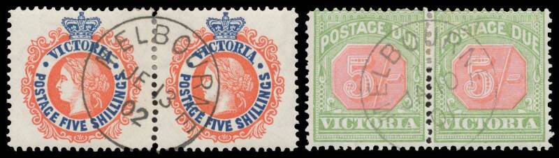VICTORIA - CANCELLED TO ORDER: - 1901-10 V/Crown horizontal pairs comprising 3d 4d 5d 6d 9d 2/- & 5/- plus Postage Dues 1d 4d 6d 1/- 2/- & 5/-, large-part o.g. Ex AE Layton. There were no multiples in Bill McCredie's exceptional collection. (13 pairs)