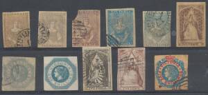 VICTORIA - FORGERIES: Half-Lengths 2d x3 (one with corner missing) & 3d x2 plus Jeffryes 2d & 3d corner blocks of 8 9 & 25 of both values, Queen-on-Throne 2d x3, Shilling Octagonal x2 and Laureates 5/- blue & red imperf!, condition variable. (95)