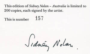 SIDNEY NOLAN: "Sidney Nolan-Australia" by Elwyn Lynn [Sydney 1979], limited edition 157/200 copies signed by the artist. Black leather bound boards with embossed gilt "Ned Kelly" on the cover, cloth covered slip case lightly soiled, book in VG condition.