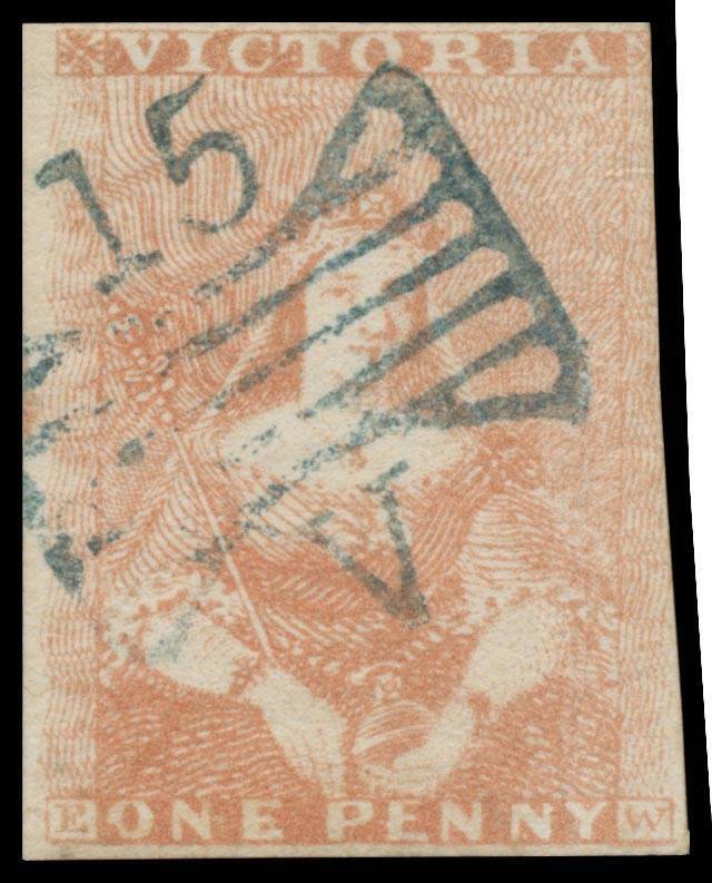 HALF-LENGTHS - THOMAS HAM PRINTINGS: Original State of the Dies (Virtually No Colour above 'VICTORIA') 1d orange-brown SG 1a, margins close to large except at upper-right where a little cut-into, ironed-out vertical crease at right, Butterfly '15' of Geel