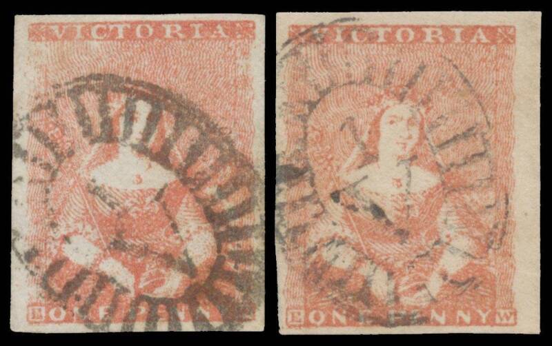 HALF-LENGTHS - THOMAS HAM PRINTINGS: Second State of the Dies (More Colour above 'VICTORIA') 1d red-brown SG 5 two shades, both with margins good to large, the first with a minor stain, the second with a shallow thin, Cat £900.